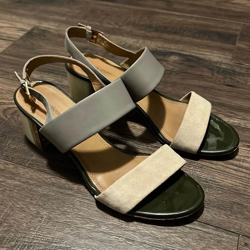 Tory Burch Cream & Gray Leather Strappy Heeled Sandal